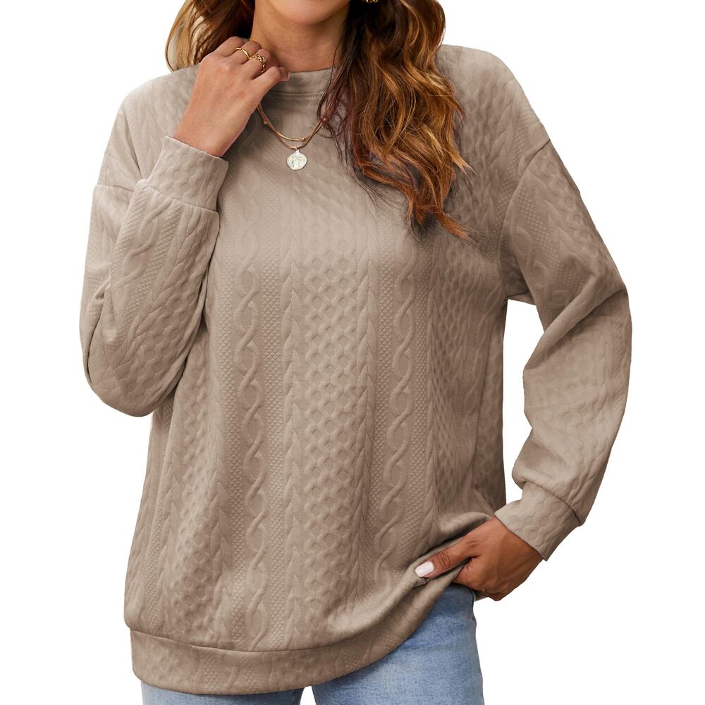 New Large Long Sleeve Cable Knit Textured Pullover Crewneck Tunic Sweatshirt